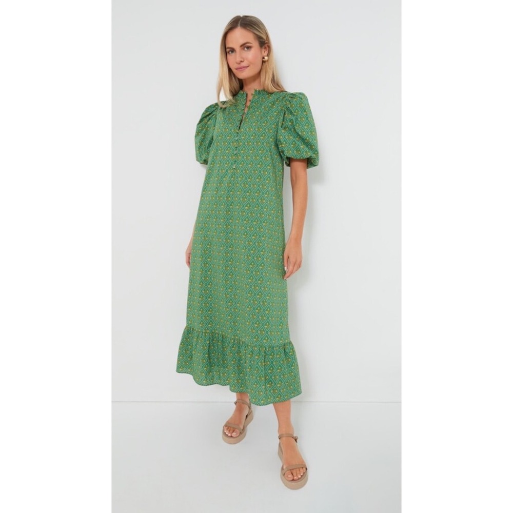 Tuckernuck Green Printed Midi Dress with Puff Sleeves